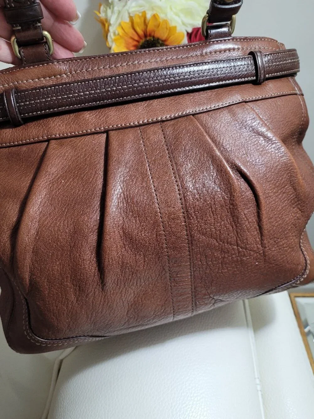 COACH* Rare Y2K*Two Toned*Pebbled Leather*Hampton Handbag*Cognac/Brown